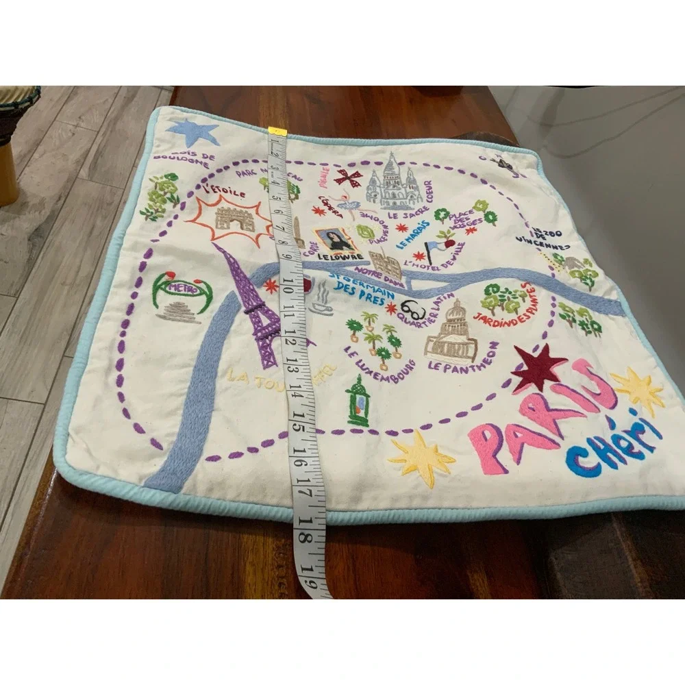 Paris Cheri Embroidered Map Pillow Cover French Landmark Decor Square Sham 18x18